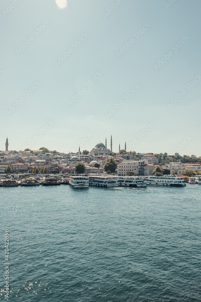 vessels moored on seashore, and view of city from Bosphorus strait, Istanbul, Turkey