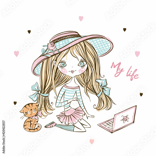 Cute fashionista teenage girl in a hat with a laptop and a kitten. Vector