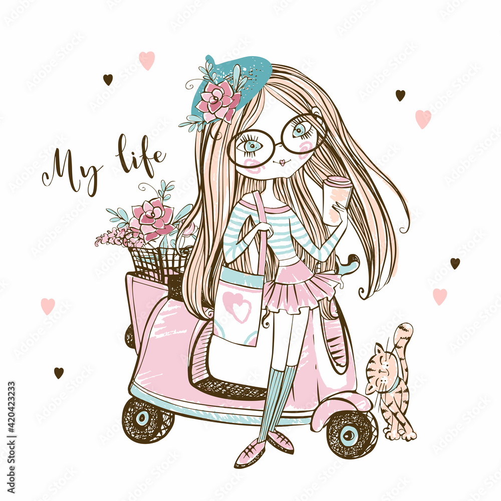 Cute fashionable girl in a beret with her scooter. Vector. Cute fashionable girl in a beret with her scooter. Vector.