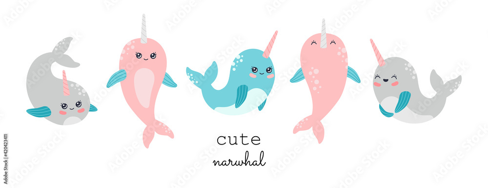 Kawaii smiling narwhal collection, cute baby whale characters set. Marine life, funny ocean animals with horn bundle in pastel color, modern trendy vector illustration clip art, flat cartoon style Kawaii smiling narwhal collection, cute baby whale characters set. Marine life, funny ocean animals with horn bundle in pastel color, modern trendy vector illustration clip art, flat cartoon style