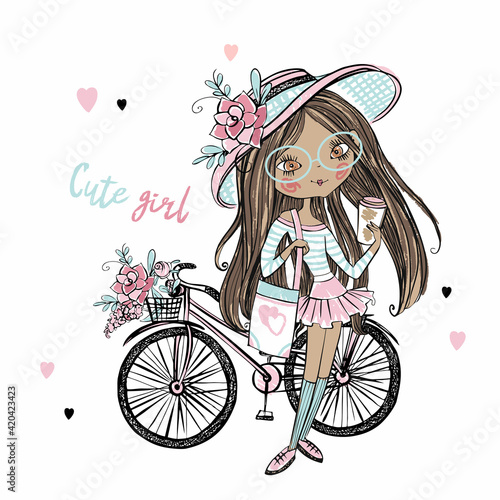 Cute fashionable dark skinned teen girl in a hat with a Bicycle. My life. Vector.