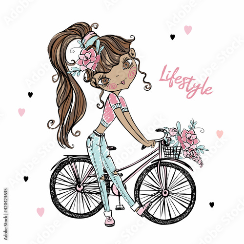 Cute fashionable dark skinned teen girl with Bicycle. My life. Vector