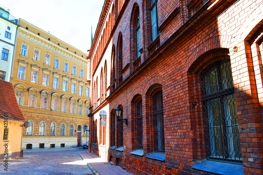 Historical buildings on the empty street of the Old Town of Riga, Latvia, Baltic States