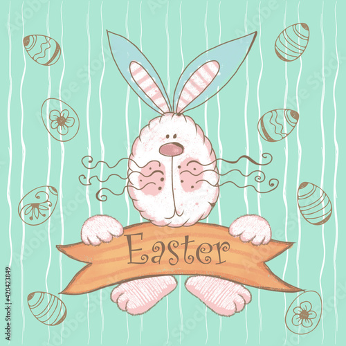 Holiday card with a cute Easter bunny with a sign . photo