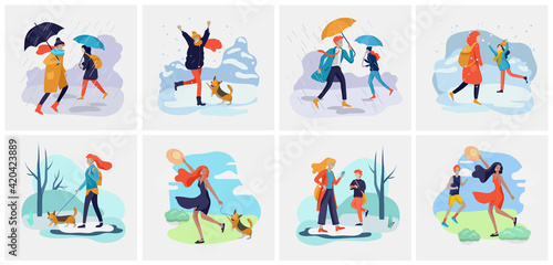 People character in various weather conditions. Man and woman in seasonal clothes and enjoys walking on street in rain, snowfall, summer heat. Colorful vector cartoon