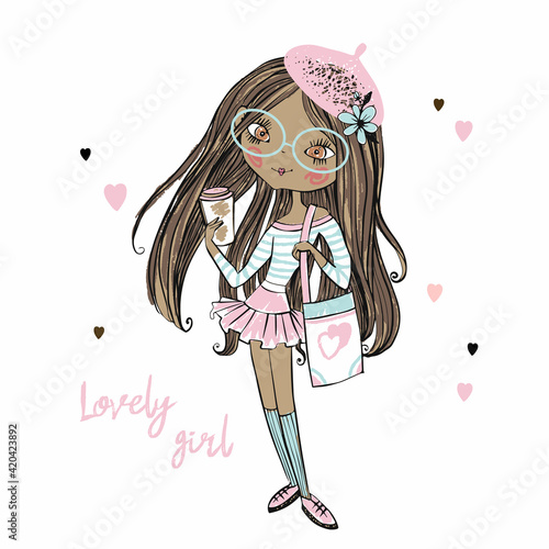 Cute fashionista dark-skinned teenage girl in a pink beret with a Cup of coffee . Vector.
