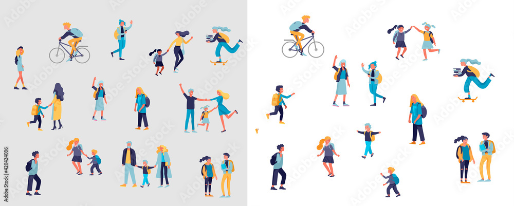 Back to school flat vector illustrations set. Preteen and teenage schoolkids. Parents with kids, schoolmates, friends cartoon characters isolated on white background. Schoolboys