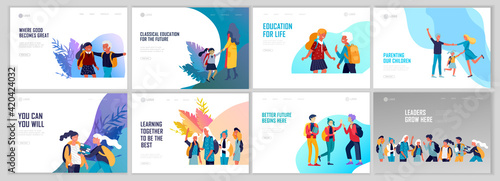 Landing page template with Back to school flat vector illustration. Preteen and teenage schoolkids. Parents with kids, schoolmates, friends cartoon characters