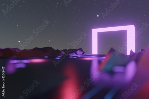 3d render, glowing lines, tunnel, neon lights, virtual reality, abstract background, square portal, arch, pink blue spectrum vibrant colors, laser show © yudhistirama