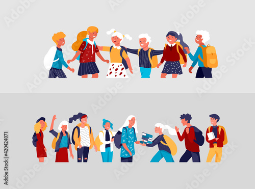 Back to school flat vector illustrations set. Preteen and teenage schoolkids. Parents with kids, schoolmates, friends cartoon characters isolated on white background. Schoolboys