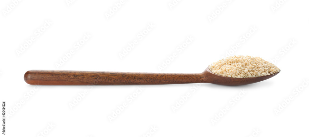 Wooden spoon with sesame seeds on white background Wooden spoon with sesame seeds on white background