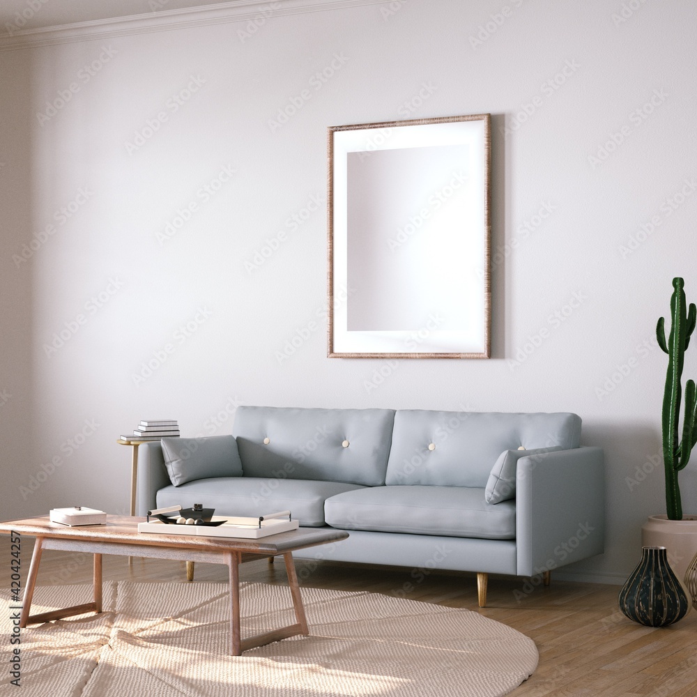 Room with Scandinavian Interior Design with Empty Frame on Walls, Sofa, Wooden Floors, Circular Carpet and Cactus Plant Room with Scandinavian Interior Design with Empty Frame on Walls, Sofa, Wooden Floors, Circular Carpet and Cactus Plant