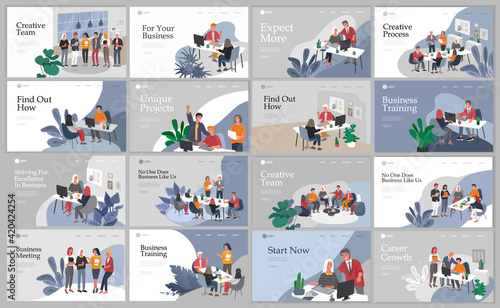 Office interior workplace with group workers communicating or talking to client or conversations between teamwork or meeting, brainstorming. Vector cartoon concept illustration