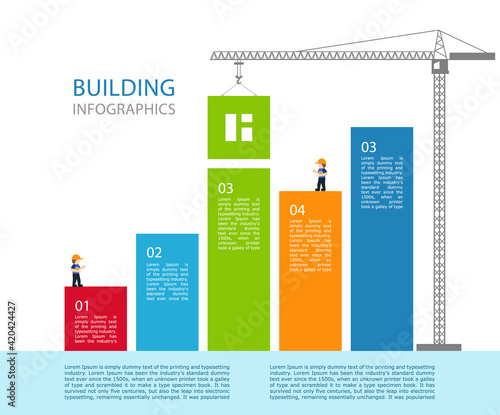 6 step chart info graphic. tower crane and building color block.