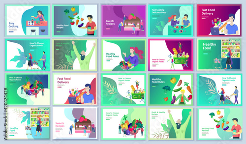 Landing page template with Happy People with vegetable and healthy food, jumping and dansing. Veggie recipe, vegetarian diet and detox concept, eco friendly lifestyle. Colorful