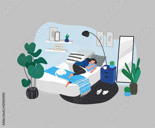Sweet girl sleeping in bed with relaxing white cat . Daily life and everyday routine scene by young woman in scandinavian, style cozy interior bedroom with homeplants. Cartoon vector