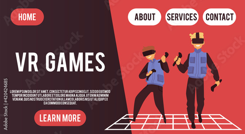 Vector landing page template with guys playing in video reality games.