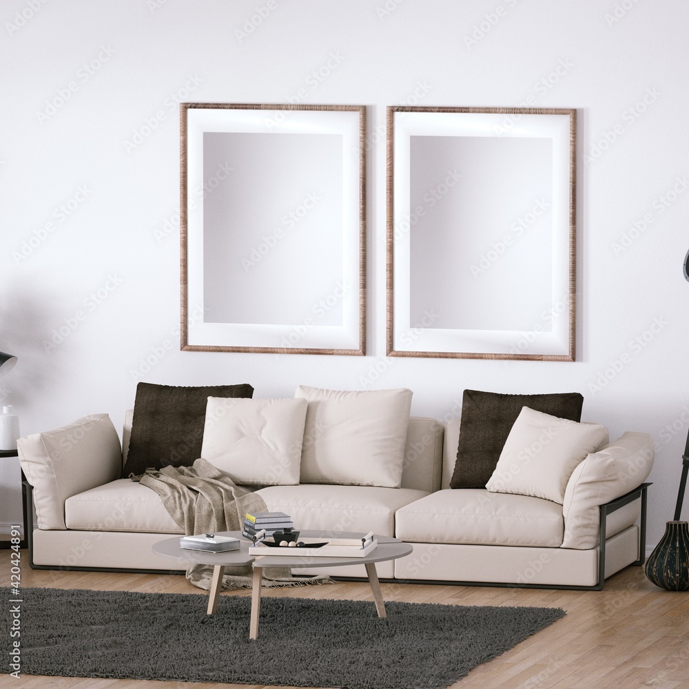 Room with Scandinavian Interior Design with Empty Frame on Walls, Sofa, Wooden Floors, Circular Carpet and Indoor Plant Room with Scandinavian Interior Design with Empty Frame on Walls, Sofa, Wooden Floors, Circular Carpet and Indoor Plant