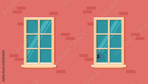 Window broken with cracked glass vector illustration.