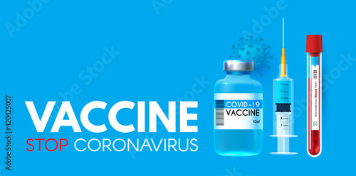 Vector coronavirus vaccine. Stop COVID-19 nCoV 2019 . Vaccine and syringe injection. Medicine infectious concept. Heath care design