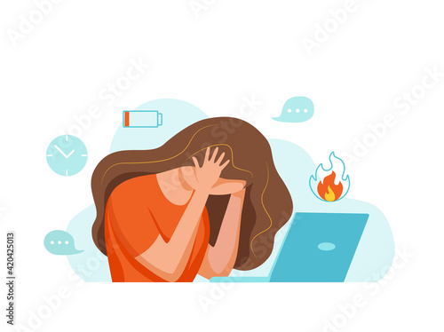 Professional burnout syndrome exhausted woman tired sitting at her workplace in office holding her head vector illustration