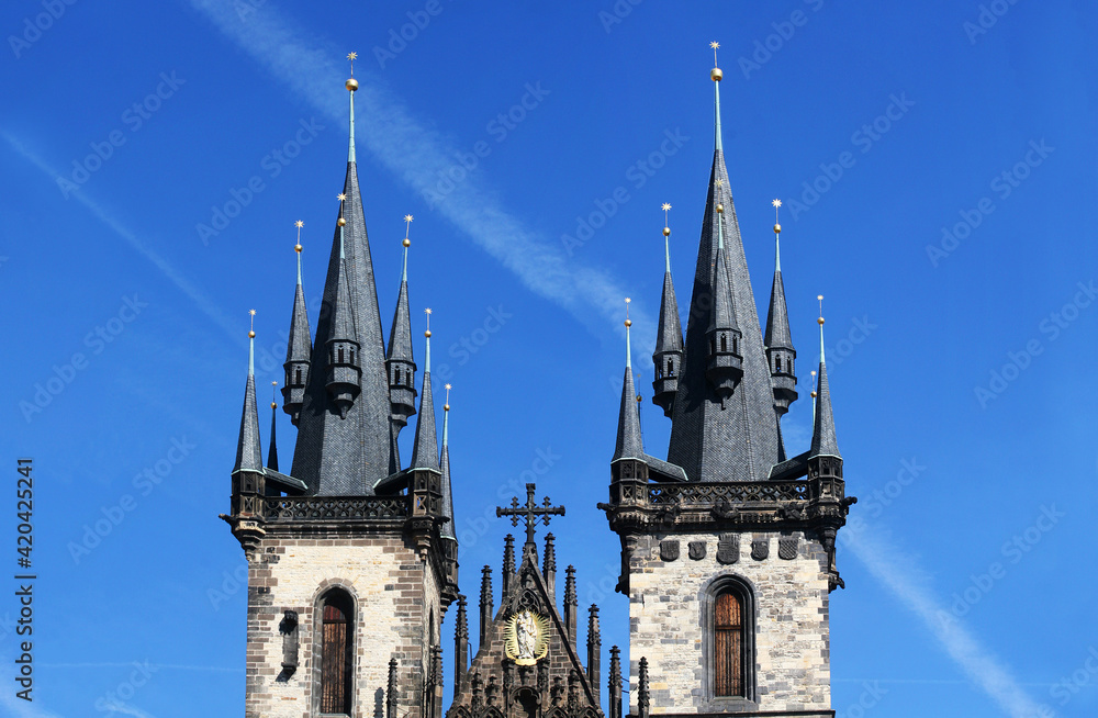 Two towers of the Church of the Virgin Mary in front of Tyn in Prague
