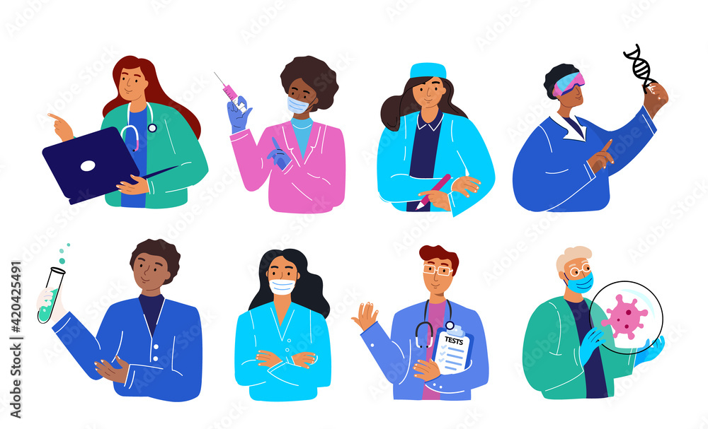 Set of smiling doctors, nurses and paramedics. Portraits of male and female medic workers in uniform with stethoscopes, masks and gloves. Flat cartoon vector illustration isolated on white background Set of smiling doctors, nurses and paramedics. Portraits of male and female medic workers in uniform with stethoscopes, masks and gloves. Flat cartoon vector illustration isolated on white background