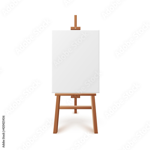 Artist easel with blank white canvas realistic vector illustration isolated.