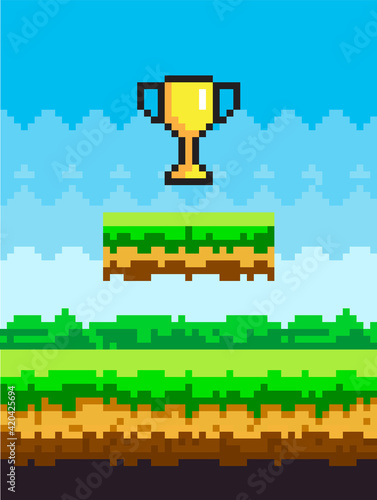 Golden cup pixel-game art illustration. Icon of shiny pixel trophy successful completion of game