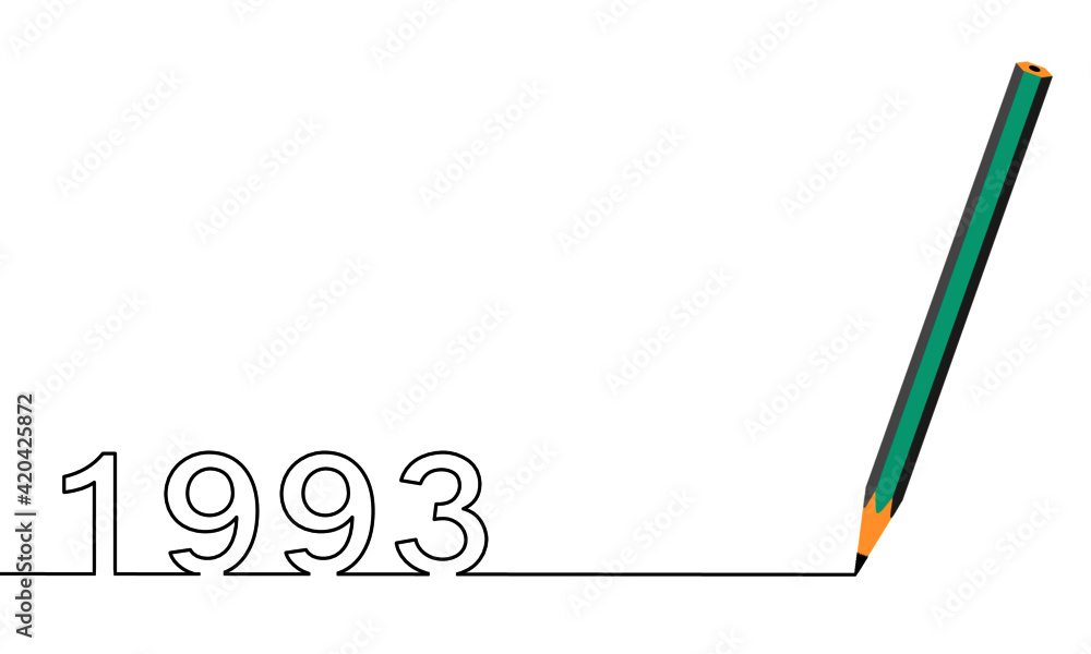 One line drawing style with a pen on the right and 1993 on the left, the year of the lord. Concept about writing, simply, yearly, celebrating, anniversary and etc. One line drawing style with a pen on the right and 1993 on the left, the year of the lord. Concept about writing, simply, yearly, celebrating, anniversary and etc.