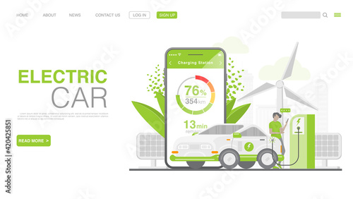 EV Car Or Electric Car At Charging Station. Concept Illustration For Green Environment. Landing Page in Flat Style. Vector EPS 10