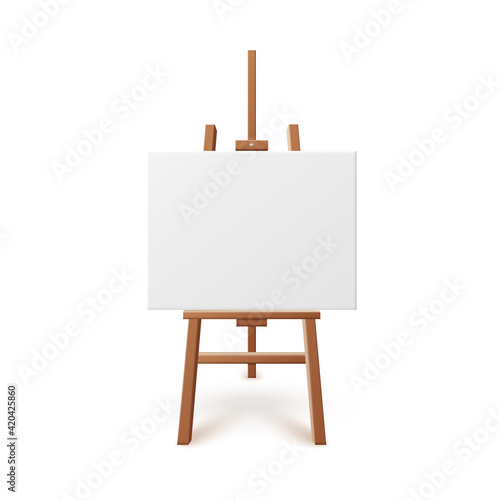 Blank white artboard on wooden easel realistic vector illustration isolated.