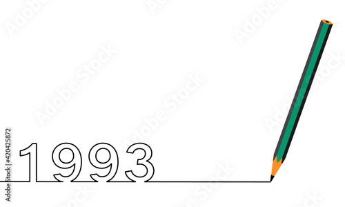 One line drawing style with a pen on the right and 1993 on the left, the year of the lord. Concept about writing, simply, yearly, celebrating, anniversary and etc.