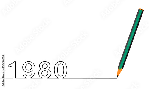 One line drawing style with a pen on the right and 1980 on the left, the year of the lord. Concept about writing, simply, yearly, celebrating, anniversary and etc.