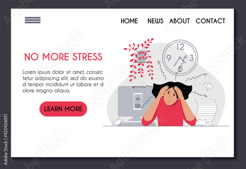 Website template for psychotherapist online therapy stress prevention. Young woman with tousled hair circles under the eyes and open mouth in amazement. Fatigue of work deadline concept. Stock vector.