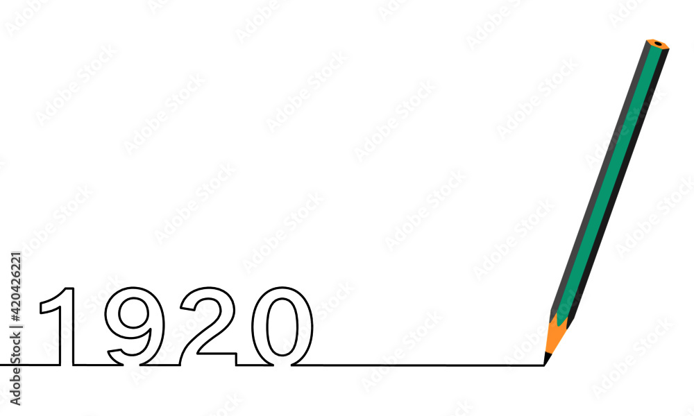 One line drawing style with a pen on the right and 1920 on the left, the year of the lord. Concept about writing, simply, yearly, celebrating, anniversary and etc. One line drawing style with a pen on the right and 1920 on the left, the year of the lord. Concept about writing, simply, yearly, celebrating, anniversary and etc.