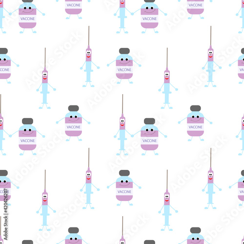 Seamless illustration with cute cartoon vaccine and syringe.