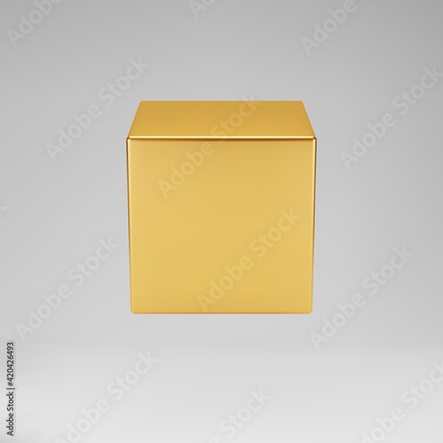 3d gold metallic cube isolated on grey background. Render a rotating glossy golden 3d box model in perspective with lighting and shadow. Realistic vector geometric shape