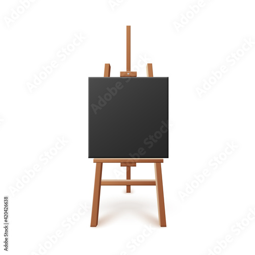 Easel with black artboard or canvas realistic vector illustration isolated.