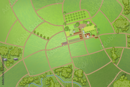 Vector illustration. Green farm in the landscape. (top view)  