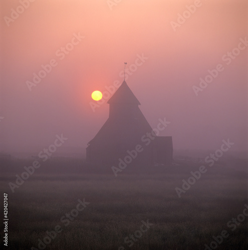 Fairfield Church on Romney Marsh in sunrise mist, Kent, England, UK, Europe
