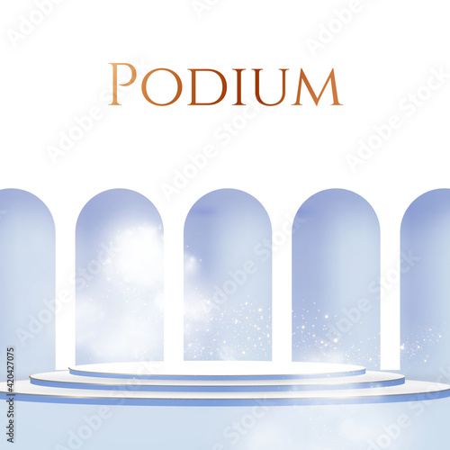 3D realistic circle podium with wall, fog and semicircular arches. Empty stage. Showcase design. Product display