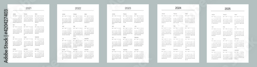 A5 format. Organizer and bullet journal printable pages. Perfect minimalist calendar. 2021, 2022, 2023, 2024, 2025. Week starts at Monday. European English Gregorian calendar. Planner. Vector.
