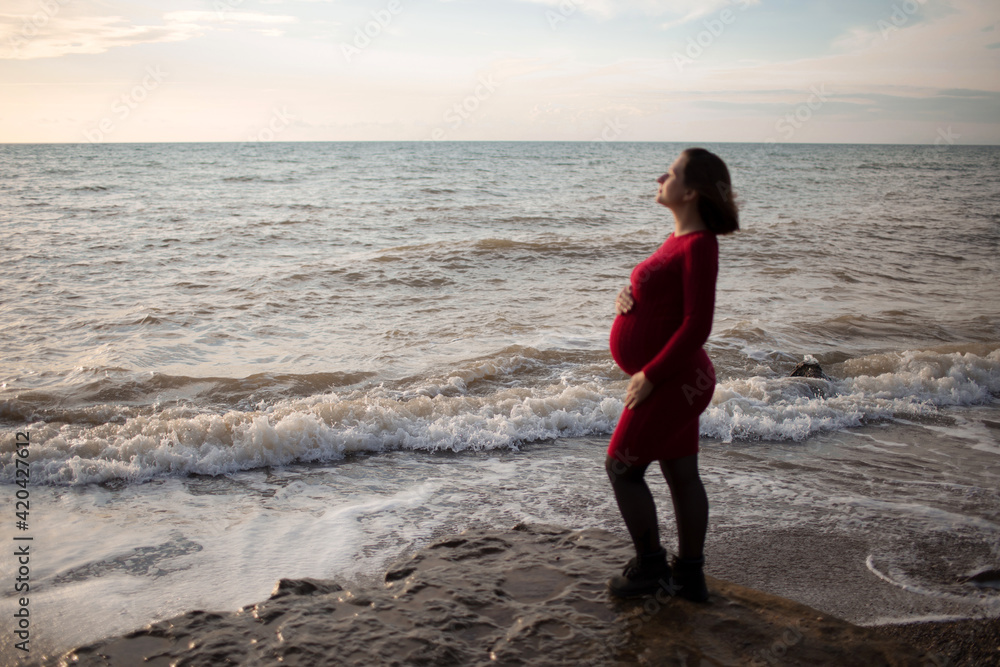 Stylish pregnant woman. Beautiful young pregnant woman enjoying the sunset. Pregnant tummy. The pleasure of pregnancy. Life style. Motherhood.Maternity. Stylish pregnant woman. Beautiful young pregnant woman enjoying the sunset. Pregnant tummy. The pleasure of pregnancy. Life style. Motherhood.Maternity.