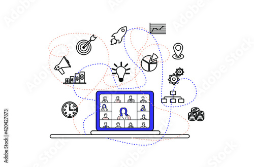 Video conferencing and work from home, remote work. Business, finance, management icons around laptop with videoconference. Discussion of work issues with colleagues. Vector illustration
