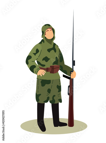 Soldier,Intelligence Officer,Scout Military Character or Personnel Army Dressed in Camouflage Uniform.Soldier Spy,Diversionist with Rifle Gun,Reconnaissanc with Weapon.Flat Cartoon Vector illustration