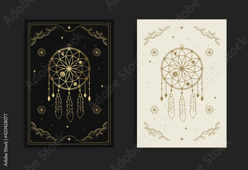 A dream catcher card with engraving, esoteric, boho, spiritual, geometric, astrology, magic themes, for tarot reader card Premium Vector