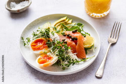 Healthy breakfast with egg, smoked salmon and avocado
