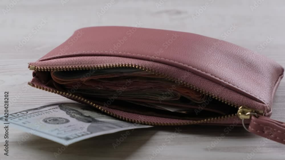 pink wallet with a hundred dollar bill and a lot of money. Finance, expenses and income concept pink wallet with a hundred dollar bill and a lot of money. Finance, expenses and income concept