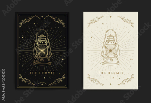 Major arcana card with a lantern image symbolizing the hermit, with engraving, luxury, esoteric, boho, spiritual, geometric, astrology, magic themes, for tarot reader card. Premium Vector